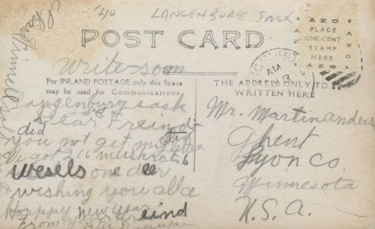 Back of a postcard from Langenburg, handwritten note