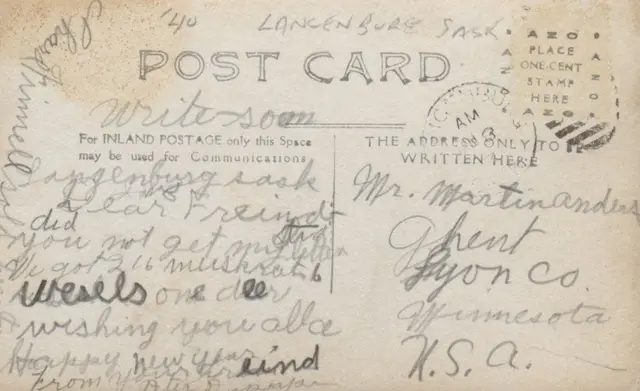 Back of a postcard from Langenburg, handwritten note